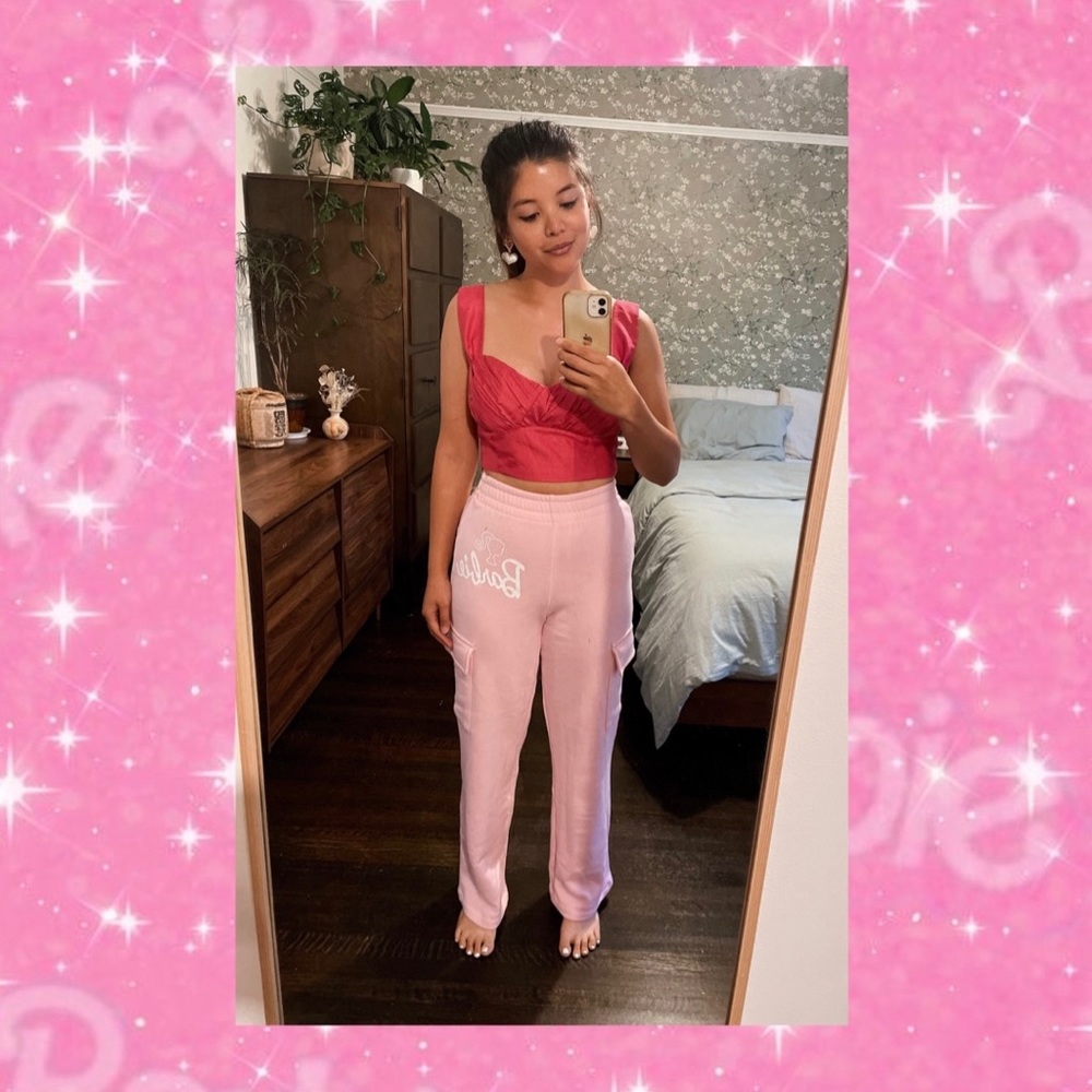 Women’s Barbie Pink Cargo Graphic Logo Relaxed Lounge Pants with Pockets